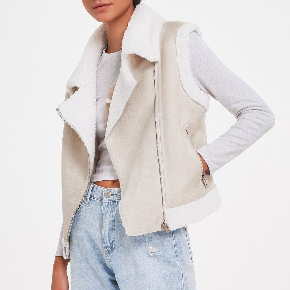 Madden Girl Moto Vest Faux Shearling Beige NW, Size S, L, XL Cozy Winter